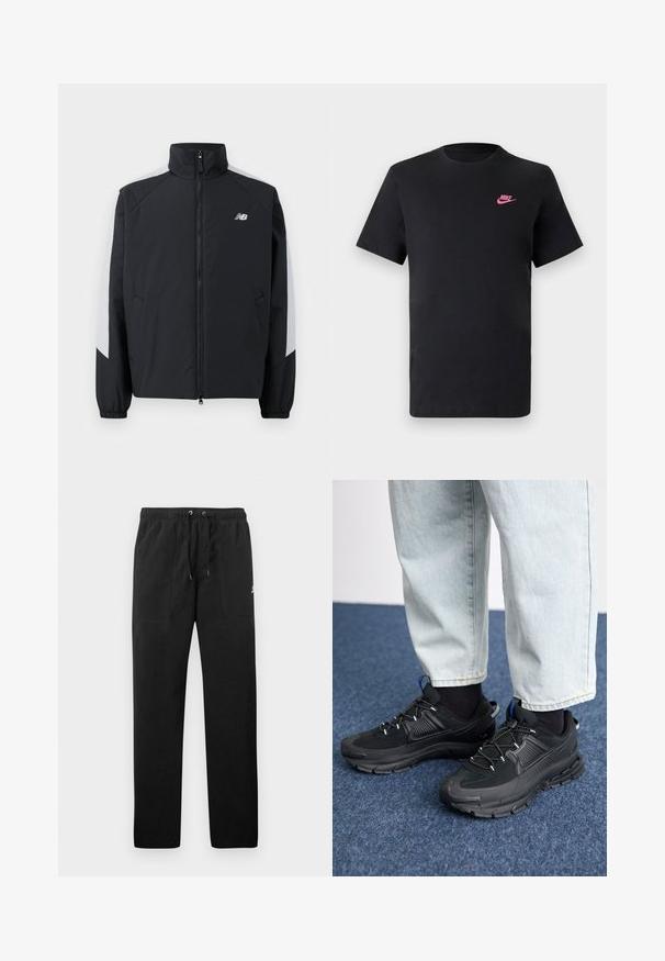Jachetă neagră cu guler înalt, fermoar frontal și accente gri pe umeri. Prezintă manșete elastice și buzunare laterale.; Tricou din bumbac negru cu decolteu rotund și mâneci scurte. Are un logo Nike roz în partea stângă sus. Textură netedă.; Pantaloni de trening negri din fleece, cu talie elastică și șnururi, două buzunare frontale și un logo mic pe coapsă.; Pantofi sport negri, cu țesătură texturată și tălpi din cauciuc, având șireturi elastice și un accent albastru pe toc. Purtați cu pantaloni din denim deschis.