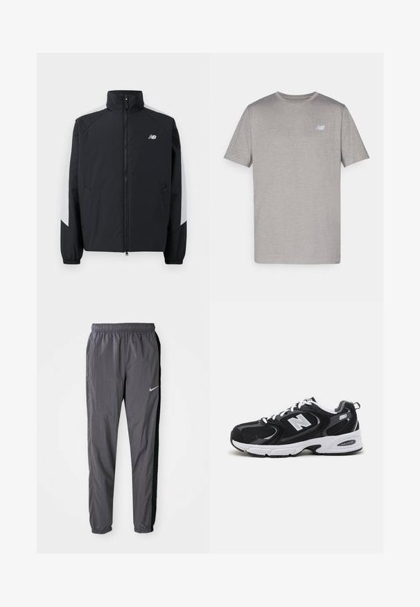 Črna jakna z visokim ovratnikom, sprednjim zadrgo in sivo-melanžnimi poudarki na ramenih. Ima elastične manšete in stranske žepke.; Siva kratka majica s kratkimi rokavi iz mehkega materiala, ki ima na levem prsnem delu subtilen logotip v svetlo modri barvi. Okrogli izrez, običajen kroj.; Nike teka hlače, narejene iz lahkega materiala, v temno sivi barvi z črnimi stranskimi paneli. Imajo elastični pas in odsevni znak.; Črne in sive športne čevlje z zgornjim delom iz mrežaste in semiš usnja, s belim srednjim podplatom, vezalkami in močnim logotipom "N" na strani.