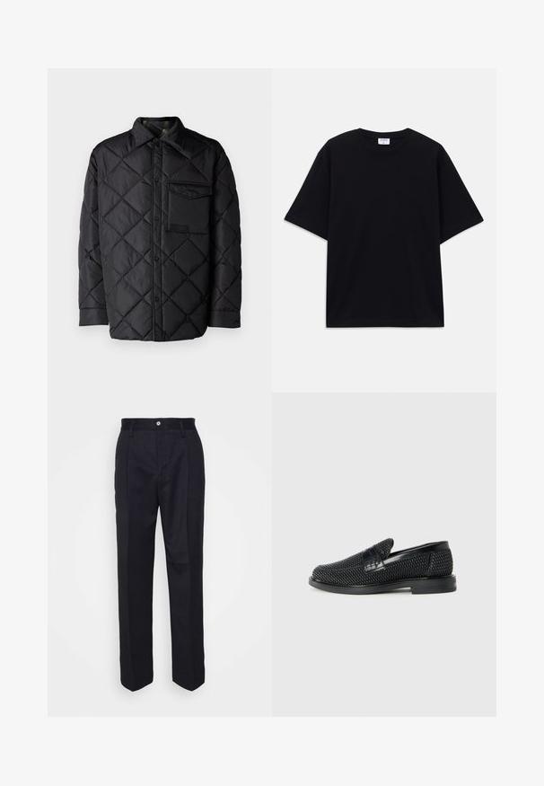 Svart quiltet jakke med diamantmønster, lange ermer, krage og brystlomme. Glatt tekstur og trykknapplukking.; Svart oversized t-skjorte med kort erm og rund hals, med synlig Filippa K-merkelapp inne i kragen.; Svart skreddersydde bukser med rett ben-design, laget av glatt stoff, med en frontlukkeknapp og to sidelommer.; Sorte vevde slip-on sko med en glatt lærdetalj på overdelen, design med rund tå og en lavprofil gummisåle.