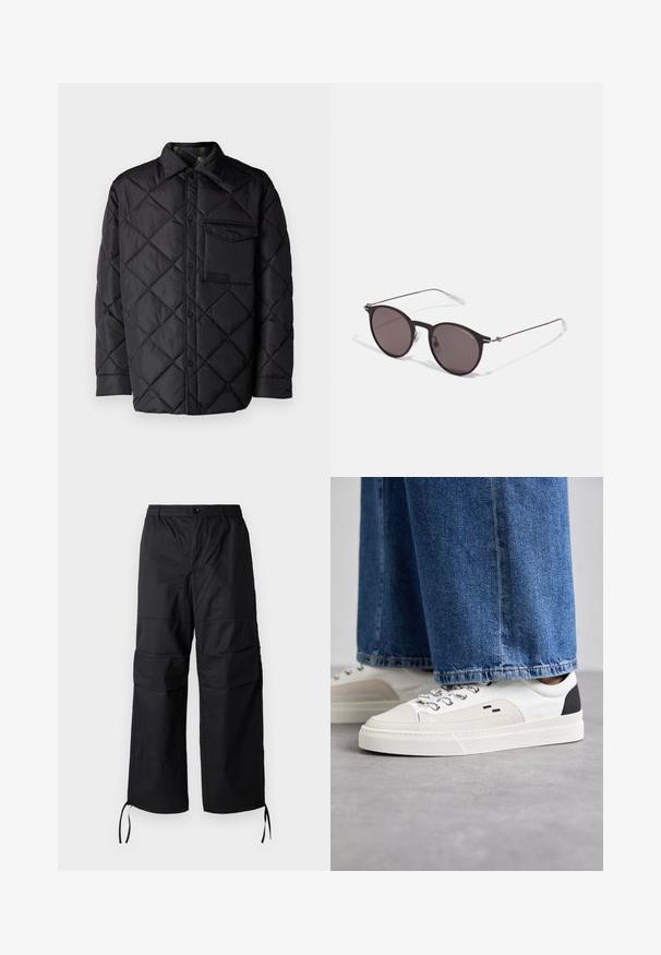 Black quilted jacket with diamond pattern, long sleeves, a collar, and a chest pocket. Smooth texture and snap-button closure.; Black cotton T-shirt featuring a round neckline, short sleeves, and "EMPORIO ARMANI" logo in white above "Milano" in a curved design.; Black cargo pants made of lightweight fabric, featuring wide legs, elastic waistband, and adjustable drawcords at the cuffs. Two side pockets.; White and black sneakers with a smooth leather upper, textured accents, and a chunky white sole. Features a classic lace-up design.; Black round sunglasses with dark lenses and slim metal arms. Includes clear temple tips and silver accents at the hinge. Minimalist design.