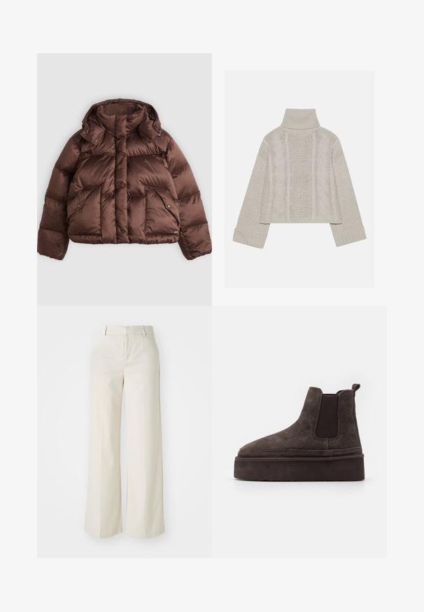 Jachetă pufos maro cu guler înalt, capse și două buzunare frontale. Fabricată dintr-un material lucios, matlasat, cu un design scurtat.; Pulover tricotat, de culoare gri deschis, cu guler înalt și manșete ribbrate, având modele texturate de cabluri pe spate și pe laturi.; Pantaloni cu picioare largi, de culoare bej deschis, dintr-un material neted. Prezintă un brâu clasic și un față plată cu linii curate.; Cizme Chelsea din suede maro, cu panouri elastice pe laterale și o talpă groasă, texturată. Dispun de un obiect de prindere la călcâi pentru a facilita îmbrăcarea.