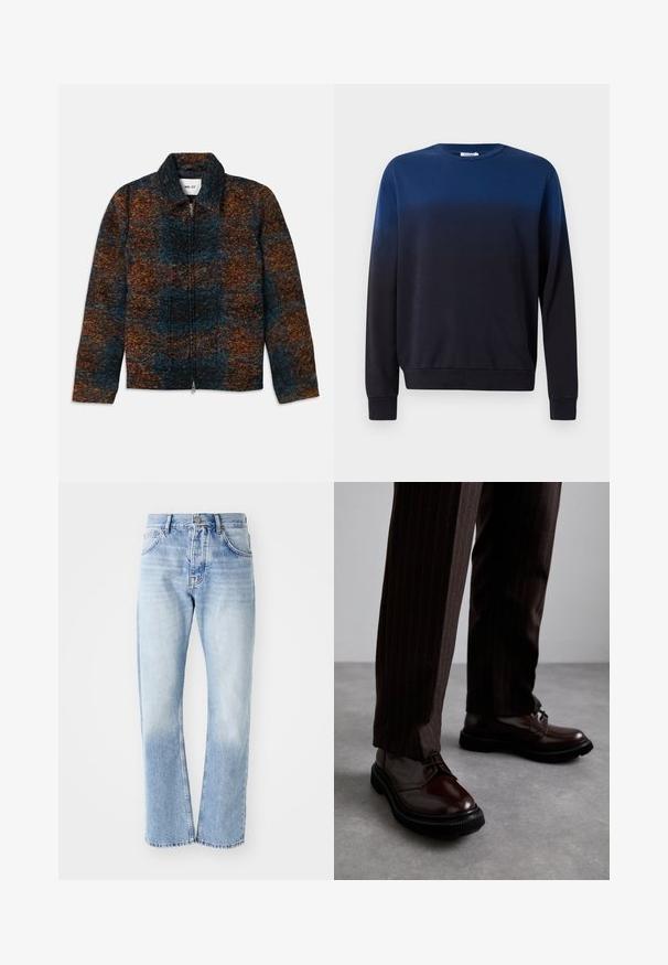 Veste en mélange de laine avec un col, affichant un motif multicolore de bleu marine, orange et marron. Fermeture éclair sur le devant et poches latérales.; Sweatshirt dégradé bleu à noir, col crew, manches longues, tissu doux, poignets et ourlet côtelés, design minimaliste sans motifs ni accents.; Jean en denim bleu clair avec une coupe droite. Présente un design à cinq poches, un zip, et une texture décolorée vers le bas.; Chaussures en cuir marron à lacets avec une finition brillante, semelle en caoutchouc noire et coutures discrètes. Portées avec un pantalon marron à rayures.