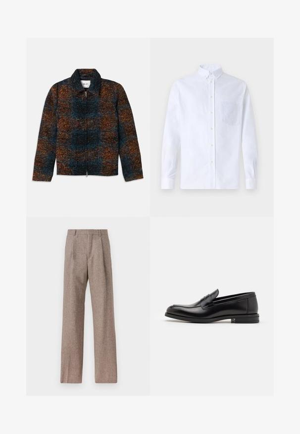 Jakna od vune s ovratnikom, koja ima višebojni uzorak tamnoplave, narančaste i smeđe boje. Prednje zatvaranje na patentni zatvarač i bočne džepove.; Bijela košulja s dugim rukavima na dugme, izrađena od pamuka, s džepom na prsima s ton-sur-ton vezom, ovratnikom i dugmadi na manžetama.; Smeđe, hlače viskog struka od teksturiranog materijala. Imaju široke nogavice i dva prednja pregiba za strukturu. Uređen završetak bez vidljivih metalnih dijelova.; Crni kožni mokasini s glatkom teksturom, zaobljenim prstima i ukrasnom trakom preko prednjeg dijela. Niski slojeviti potplat, minimalistički dizajn.