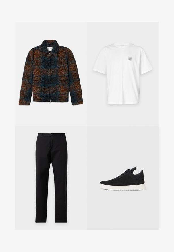 Wollen-blend jas met een kraag, met een meerkleurig patroon van donkerblauw, oranje en bruin. Voorzijde met rits en zijzakken.; Witte t-shirt van katoen met korte mouwen, een ronde hals, en een klein grijs logo op de linker borstzijde. Soepele textuur.; Zwarte rechte broek met knoop- en ritssluiting, riemlussen en steekzakken, weergegeven op een witte achtergrond.; Zwarte suède sneakers met een witte rubberen zool, voorzien van tonale stiksels en een vetersluiting. Glad oppervlak met een moderne, gestroomlijnde vorm.