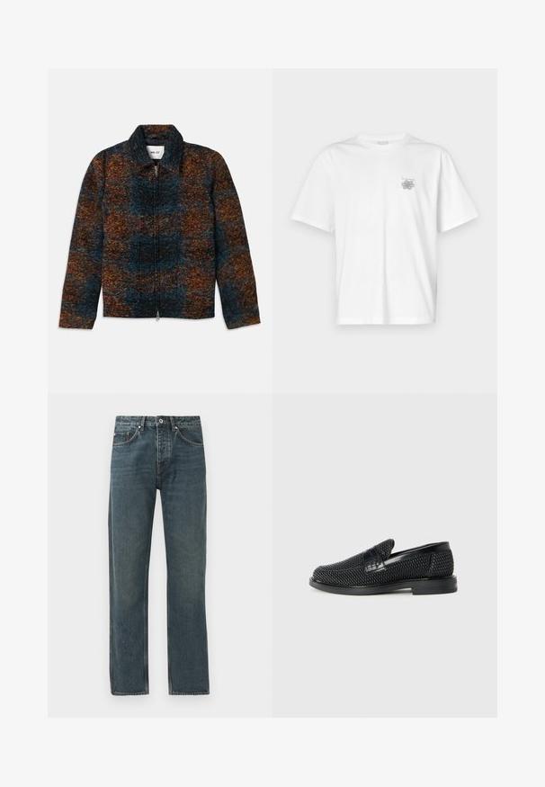 Uldblandingsjakke med krave, prydet med et flerfarvet mønster i mørkeblå, orange og brun. Frontlynlås og sidelommer.; Hvid t-shirt lavet af bomuld med korte ærmer, rund halsudskæring og et lille gråt logo på venstre brystområde. Glat tekstur.; Mørkeblå denimjeans med lige ben, der har fem lommer, knaplukning og kontrasterende syninger.; Sort vævet slip-on sko med en glat læderdetalje på overdelen, en rund tådesign og en lavprofil gummisål.
