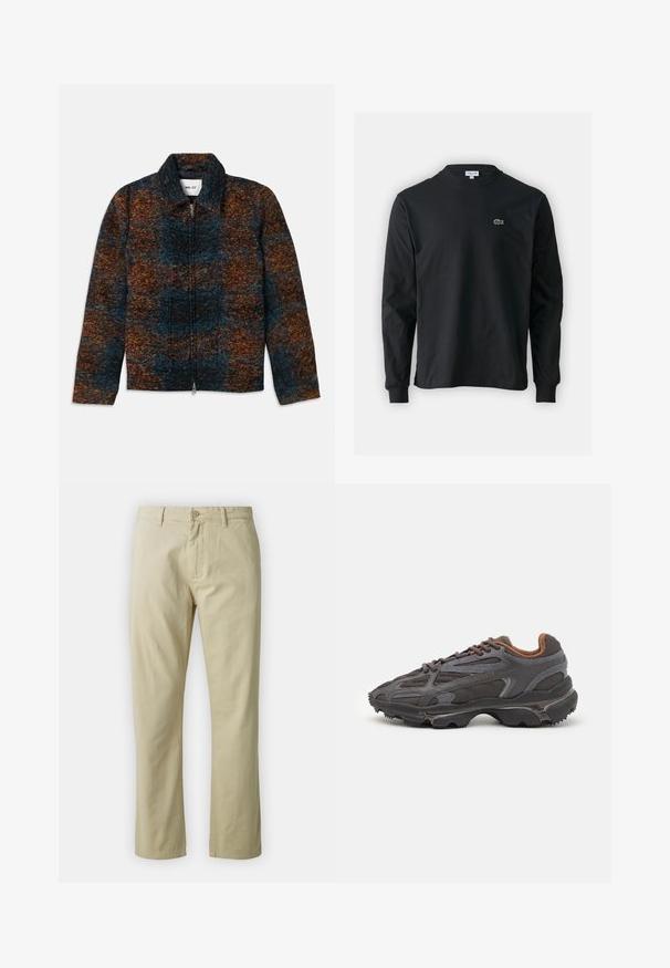 Wool blend jacket with a collar, featuring a multicolored pattern of dark blue, orange, and brown. Front zip closure and side pockets.; Black long-sleeve t-shirt made of cotton, featuring a round neckline and a small green embroidered crocodile logo on the left chest.; Beige cotton trousers with a straight-leg design, front button closure, and belt loops. Smooth texture, no visible patterns or accents.; Lacoste sneakers in dark gray with mesh and synthetic material, featuring a textured sole and brown accents on the collar and branding.