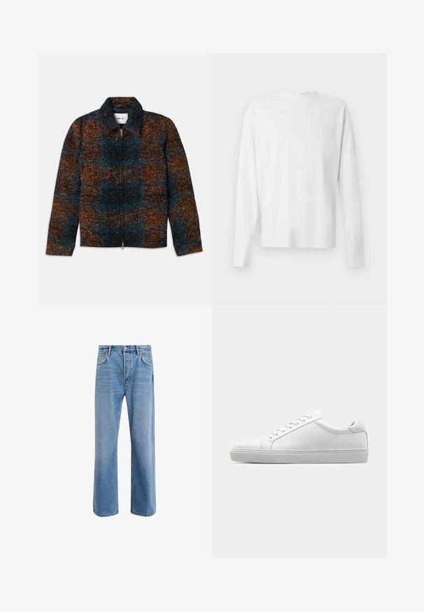 Veste en mélange de laine avec un col, affichant un motif multicolore de bleu marine, orange et marron. Fermeture éclair sur le devant et poches latérales.; Chemise en coton blanc à manches longues avec un col rond, fentes latérales en bas et une texture lisse, présentée de dos.; Jeans en denim bleu clair avec une coupe droite, cinq poches, fermeture à bouton, peu d'usure et des détails de couture contrastés.; Sneaker blanche avec une tige en cuir lisse et un profil bas. Présente un bout arrondi, six œillets et une semelle en caoutchouc texturé.