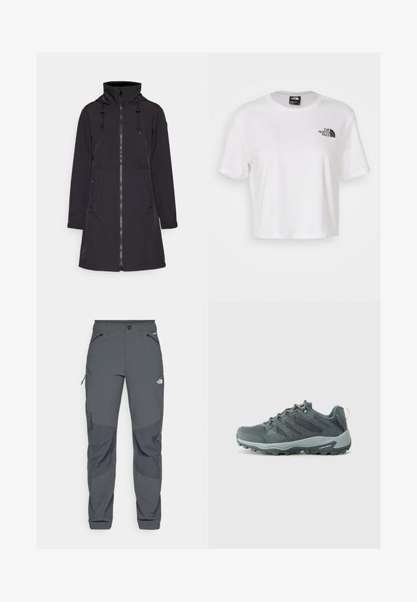 Fekete, vízálló kabát sima anyagból, magas gallérral, állítható kapucnival, elöl cipzáros, két oldalsó zsebbel és hosszú ujjakkal.; Fehér, pamutból készült, rövid ujjú, kerek nyakú cropped póló. A bal mellen fekete logó található.; Sötétszürke kültéri nadrág megerősített térdrésszel, cipzáras oldalsó és elülső zsebekkel, gombos záródással és A North Face logóval a combján.; Sötétszürke túracipők hálós és velúr felsőrésszel, fűzős kialakítással, párnázott talppal és strapabíró külső talppal, amely tapadási mintával rendelkezik.