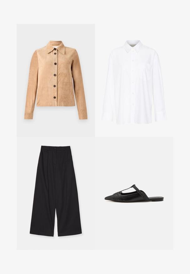 CLOSED JACKET - Lederjacke - beige; Weißes Langarmhemd mit Kragen aus Baumwolle. Verfügt über eine durchgehende Knopfleiste und eine Brusttasche. Glatte Textur, lockere Passform.; Schwarze weite Hosen aus einem glatten Stoff, mit hoher Taille, vorderen Falten, einem Knopfverschluss und einer geraden Silhouette.; Schwarzer Leder-Slingback-Schuh mit spitzem Zehenbereich, ausgestattet mit einem geflochtenen Akzent und einem gefalteten Oberdesign. Flache Sohle mit minimalem Zubehör.