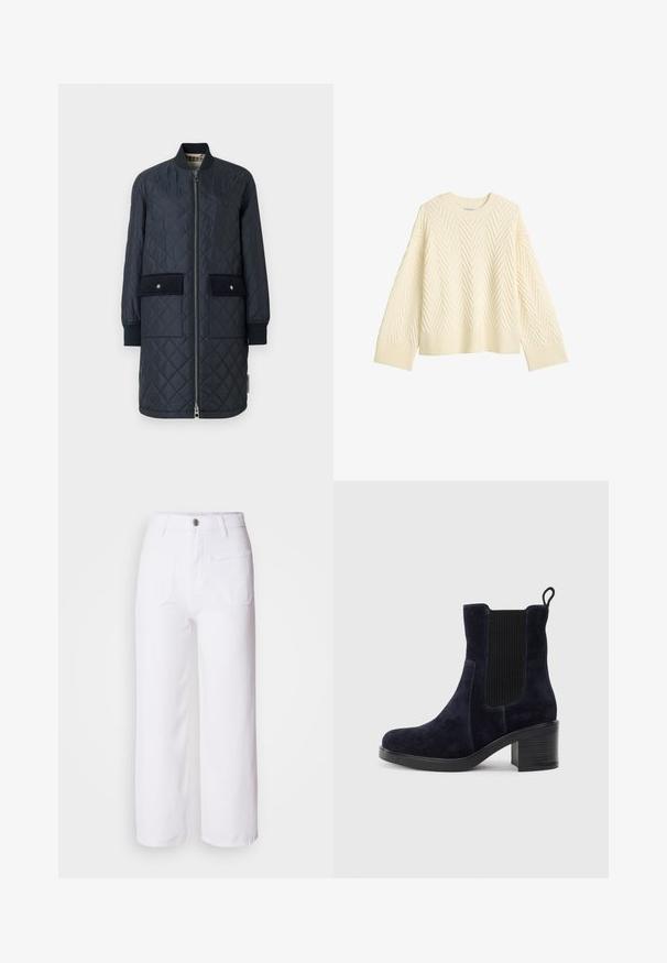 Mörkblå kviltad lång jacka med ribbat krage, framdragkedja och två stora frampåsar. Har en slät yta och accentstickningar.; Krämfärgad stickad tröja med ett texturerat fiskbensmönster, rundad halsringning och ribbade muddar och fåll. Boxig passform med neddragna axlar.; Vita denim vida byxor med knappstängning, bältesögglor, två framfickor och en bakficka. Hållbart och texturerat tyg.; Marinblå mocka ankelstövel med elastisk sidopanel, rund tå och klossklack. Textil med struktur och slät sula ger kontrast.
