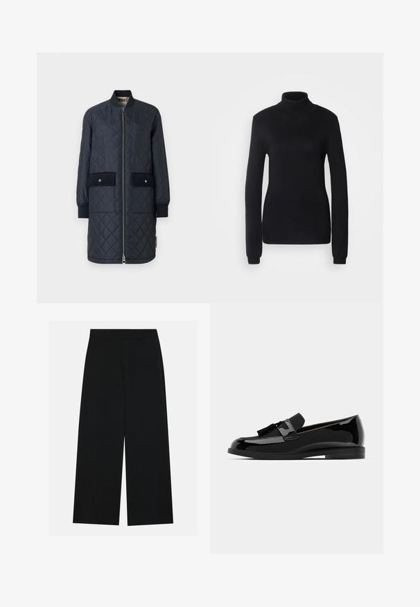 Navy quilted long jacket with a ribbed collar, front zipper, and two large front pockets. Features a smooth texture and accent stitching.; Black turtleneck sweater made from a soft knit fabric, featuring long sleeves and a fitted silhouette with a ribbed collar and hem.; Wide-leg black trousers made of a smooth fabric. Features a flat waistband with belt loops and no visible pockets. Simple design.; Black patent leather loafers with a flat heel, featuring a tassel accent and smooth surface, designed with a rounded toe and subtle stitching.