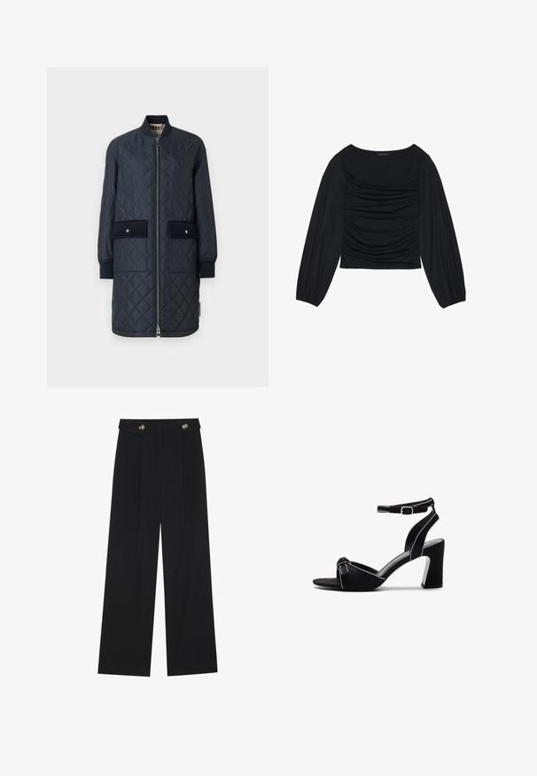 Tengeri kék, steppelt hosszú kabát, bordás gallérral, elülső cipzárral és két nagy elülső zsebbel. Simogató textúrával és díszöltésekkel rendelkezik.; Fekete, hosszú ujjú felső, amely elől és a csuklónál ráncolt anyagrészletekkel rendelkezik, puha, rugalmas anyagból készült és csónaknyakú.; Fekete, bő szárú nadrág magas derékkal, gombos részletekkel a derékrészen és elülső pliszékkal.; Fekete velúr magassarkú szandál széles tömbsarkal, állítható boka hevederrel, nyitott orral és kontrasztos varrással.