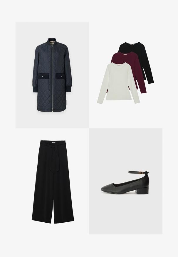 Tengeri kék, steppelt hosszú kabát, bordás gallérral, elülső cipzárral és két nagy elülső zsebbel. Simogató textúrával és díszöltésekkel rendelkezik.; Hosszú ujjú pólók fehér, burgundi és fekete színben. Puha anyagból készült, kerek nyakú és testhez simuló fazonú. Réteges öltözködéshez is alkalmas.; Fekete, bő szárú nadrág, texturált anyagból, rugalmas derékpánttal és levehető sállal a derekán, amely állítható illeszkedést biztosít.; Fekete bőr magassarkú cipő hegyes orral és alacsony tömb sarkal. Bokapánttal rendelkezik, aranyszínű csattal. Simább textúra.