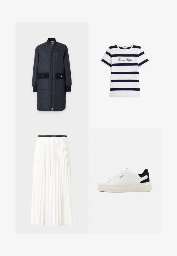 Jūras spēku krāsas siltināta garā jaka ar ribotu apkakli, priekšējo rāvējslēdzēju un divām lielām priekšējām kabatām. Iezīmējas ar gludu tekstūru un akcentējošo diegu šuvēm.; Kokvilnas T-krekls ar horizontālām tumši zilām svītrām uz balta fona. "Tommy Hilfiger" izšūts skriptā uz krūšu daļas. Cauruma apkakle.; Gari plānas baltas svārku ar melnu elastīgu jostu, uz kuras redzams "LACOSTE" logo. Vidēja garuma dizains ar mīkstu tekstūru.; Baltas ādas sporta apavi ar biezu balto zoli, melna zamša uzpura un izspiestais logotips sānos. Šņorējuma dizains ar sešiem acu caurumiem.