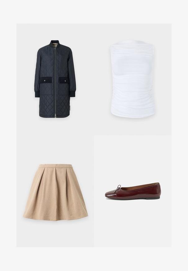 Mornarsko podloženo dolgo jakno z rebrastim ovratnikom, sprednjim zadrgo in dvema velikima sprednjima žepoma. Ponuja gladko teksturo in poudarjeno šivanje.; Bela brezrokavna majica iz gladkega, elastičnega materiala z nabiranjem ob straneh, s krožnim izrezom in oprijetim krojem.; Tan plisirana krila iz teksturiranega blaga, ki ima prilegajoč pas in razširjeno obliko, ki sega do dolžine sredine stegen.; Burgundska patenti usnjeni baletni čevlji z zaobljenim prstom, majhnim lokom na sprednji strani in nizkim črnim gumijastim podplatom. Gladka tekstura.