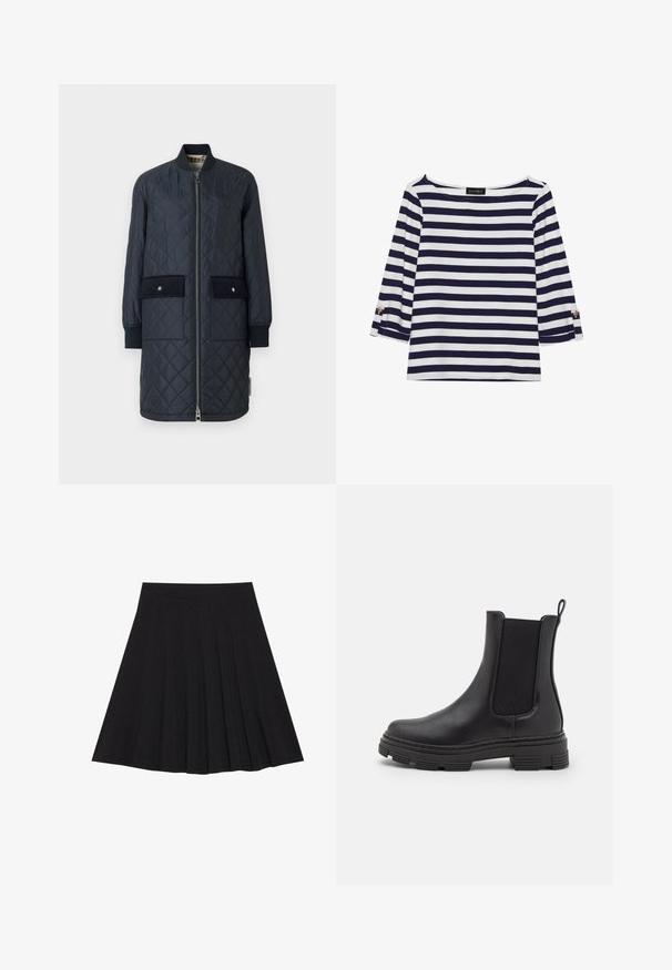 Jūras spēku krāsas siltināta garā jaka ar ribotu apkakli, priekšējo rāvējslēdzēju un divām lielām priekšējām kabatām. Iezīmējas ar gludu tekstūru un akcentējošo diegu šuvēm.; Jūras spēku tumši zilas un baltas svītras ar garām piedurknēm augšdaļa ar laivu veida kakla izgriezumu un zeltītām pogu akcentiem uz sarullētām piedurknēm. Mīksts audums, brīvs piegriezums.; Melna plisētā svārku ir izgatavota no teksturēta auduma ar ietilpīgu jostasvietu. Svārki ir līdz ceļiem un tiem ir gluda, tīra silueta.; Melnas ādas potītes zābaks ar elastīgiem sānu paneļiem, noapaļota purngala forma un teksturēta gumijas zole. Iespējams, ka aizmugurē ir cilpa, kas atvieglo uzvilkšanu.