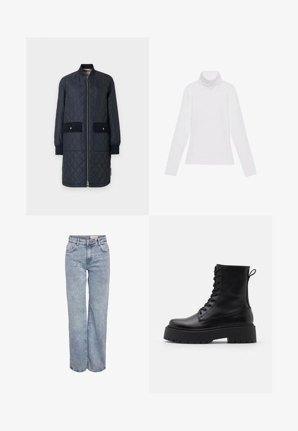 Mörkblå kviltad lång jacka med ribbat krage, framdragkedja och två stora frampåsar. Har en slät yta och accentstickningar.; Vit långärmad polotröja gjord av ett smidigt, stretchigt material. Har en hög krage och åtsittande design, utan synliga mönster eller dekorationer.; Ljusblå vida jeans i denim med hög midja, femficksdesign och subtila blekningar för en använd look.; Svarta läderankelboots med rund tå, snörning framtill och en tjock gummisula med strukturerat mönster. Dragflik bak.