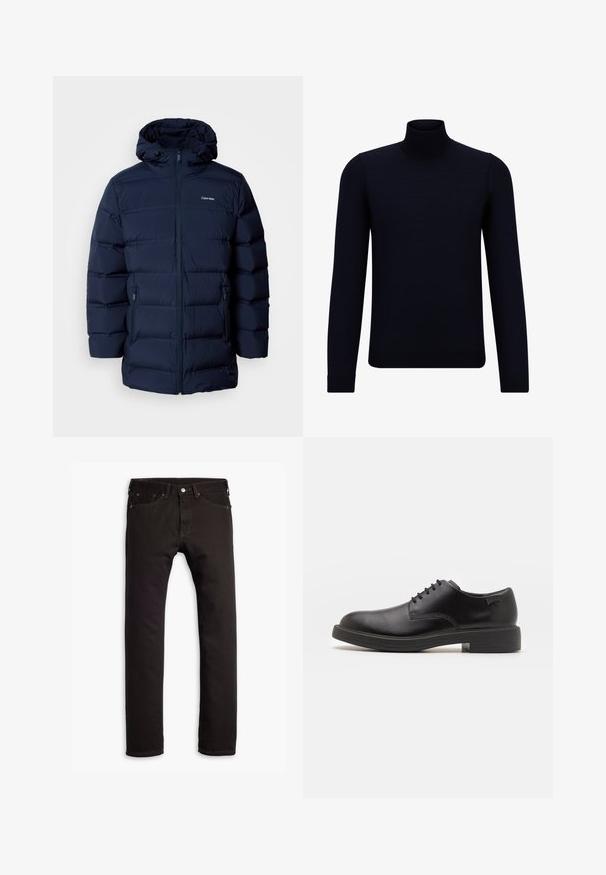 Ναυτικό μπλε φόρμα με επένδυση και κουκούλα, με μπροστινό φερμουάρ, ελαστικούς μανικιού και δύο πλαϊνές τσέπες. Το ύφασμα έχει απαλό texture.; Σκούρο ναυτικό μπλε πουλόβερ με ψηλό λαιμό από λεπτό πλεκτό ύφασμα, διαθέτει μακριά μανίκια και εφαρμοστή, ψηλή λαιμόκοψη. Δεν έχει ορατά σχέδια ή διακοσμητικά στοιχεία.; Μαύρα στενά τζιν παντελόνια με πέντε τσέπες και κλείσιμο με κουμπί, απλωμένα σε λευκό φόντο.; Μαύρο δερμάτινο παπούτσι με κορδόνια, με στρογγυλή μύτη, λεία υφή, ελάχιστη ραφή και χαμηλή καουτσούκ σόλα. Λογότυπο στη σόλα.