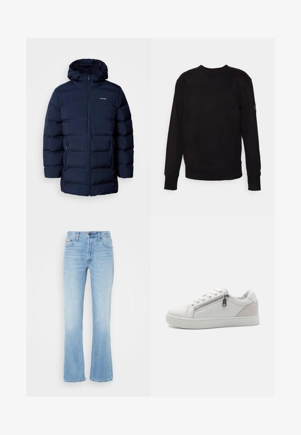 Jūras zilas pildītas jakas ar kapuci, kurai ir priekšējais rāvējslēdzis, elastīgas aproces un divas sānu kabatas. Audumam ir gluda tekstūra.; Melna kreklu džemperis, kas izgatavots no kokvilnas. Ar ribotas aproces un apakšmali, kā arī nelielu logotipa uzšuvumu kreisajā piedurknē. Viegla, gluda virsma.; Gaiši zili džinsu bikses ar platām kājām, nolietotu izskatu, piecām kabatām, jostai paredzētām cilpām un pogu aizdari vidukļa daļā.; Baltas sneakers, kas izgatavoti no gludas ādas, ar kontrastējošu bēša zamšādas akcentu uz papēža un sānu rāvējslēdzēju.