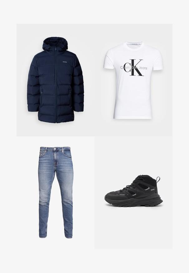 Casaco acolchoado azul-marinho com capuz, apresentando um fecho éclair frontal, punhos elásticos e dois bolsos laterais. O tecido tem uma textura suave.; T-shirt de algodão branco com um logotipo preto "CK" e o texto "Calvin Klein Jeans", com mangas curtas e um decote redondo clássico.; Jeans de ganga azul com um corte slim, cintura média, design de cinco bolsos, lavagem desbotada e leve desgaste na frente e nas costas.; Botas de caminhada pretas com um design em camadas, tecido texturizado e sola de borracha, com áreas reforçadas e atacadores na frente.