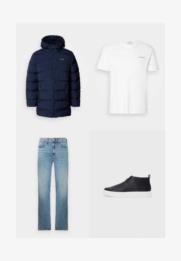 Nám.modrá péřová bunda s kapucí, s předním zipem, elastickými manžetami a dvěma bočními kapsami. Látka má hladký povrch.; Bílý bavlněný tričko s krátkými rukávy a kulatým výstřihem. Na levé části hrudi se nachází malé černé logo "Calvin Klein".; Světle modré džínové kalhoty s rovnými nohavicemi, designem s pěti kapsami a vybledlým vzhledem. Mají zapínání na knoflíky a poutka na opasek.; Černé kožené vysoké tenisky s hladkým povrchem, bílou gumovou podrážkou a jednoduchým šněrováním. Obsahují poutko na zadní straně.