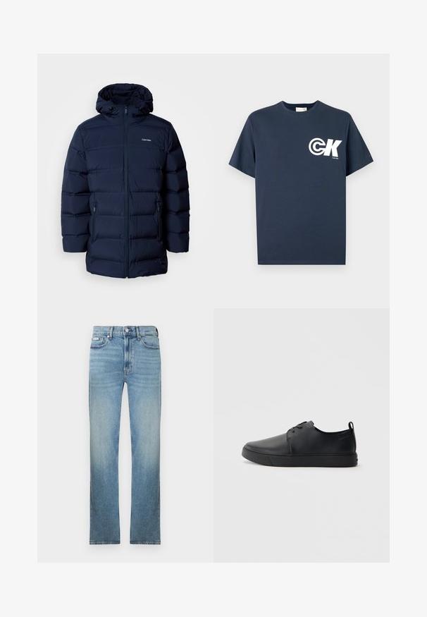 Temno modra podložena jakna s kapuco, s sprednjim zadrgo, elastičnimi manšetami in dvema stranskima žepoma. Tkanina ima gladko teksturo.; Modra mornarsko modra majica s kratkimi rokavi in okroglim izrezom z belim logotipom CK in napisom "Calvin Klein" na levi strani prsnega koša.; Svetlo modre kavbojke iz jeansa s pravim krojem hlačnic, z zasnovo s petimi žepi in bledenim zaključkom. Imajo zadrgo s gumbi in zanke za pas.; Črne usnjene športne čevlje z gladko površino, okroglo oblikovano nosilo, toniranim šivanjem, vezanjem spredaj in ravnim gumijastim podplatom. Zanko na peti.