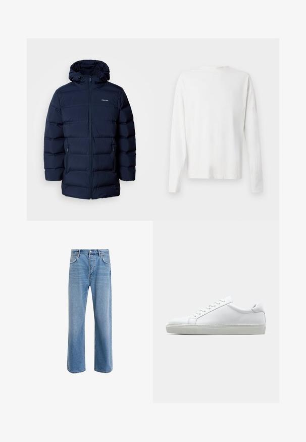 Mörkblå vadderad jacka med huva, featuring en framdragkedja, elastiska manschetter och två sidofickor. Tyget har en slät textur.; Vit långärmad skjorta i bomull med rund halsringning, sidofickor längst ner och en slät yta, visad bakifrån.; Ljust blå denimjeans med rak passform, fem fickor, knappstängning, minimal blekning och kontrasterande sömdetaljer.; Vit sneaker med en slät läderövre och låg profil. Har en rundad tå, sex snörhål och en strukturerad gummisula.