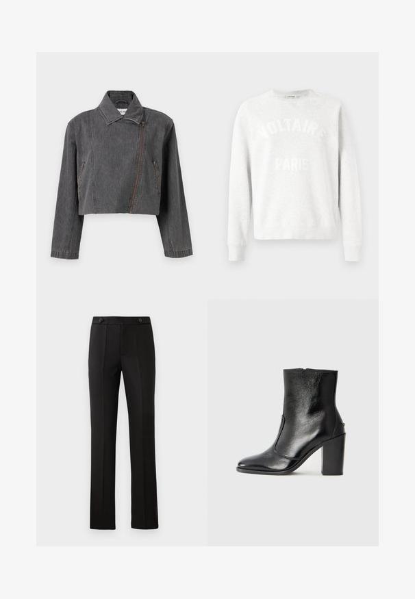 Casaco de ganga cinza cortado, com colarinho pontudo, fecho com zíper assimétrico e dois bolsos laterais com detalhes em zíper.; Sweatshirt cinza claro de gola redonda com mangas longas, apresentando texto em relevo branco "VOLTAIRE" arqueado acima de "PARIS" na frente.; Calças pretas ajustadas com perna reta, dois bolsos frontais, fecho com botão e detalhes de pregas na parte da frente. Textura de tecido suave.; Bota ankle preta em pele com uma textura suave, bico fino e um salto alto robusto. Apresenta uma abertura lateral e um design minimalista.