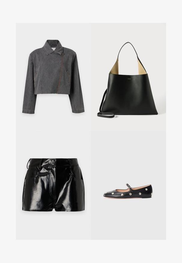 Geknipte grijze denimjack met een puntige kraag, asymmetrische ritssluiting en twee zijzakken met ritsdetails.; Witte langslavige shirt gemaakt van katoen, met een klassieke kraag, knoopsluiting en een enkele borstzak aan de linkerkant.; Zwarte, glanzende shorts van synthetisch materiaal. Heeft een aansluitende taille, riemlussen en voorzakken met opvallende stikseldetails.; Zwarte leren Mary Jane ballerina met een ronde neus, voorzien van zilveren ronde studs en een verstelbaar bandje met een gesp.; Zwarte leren handtas met een ruime, hoekige vormgeving. Voorzien van een contrasterende tan binnenkant en een dunne schouderband. Minimalistische branding weergegeven.