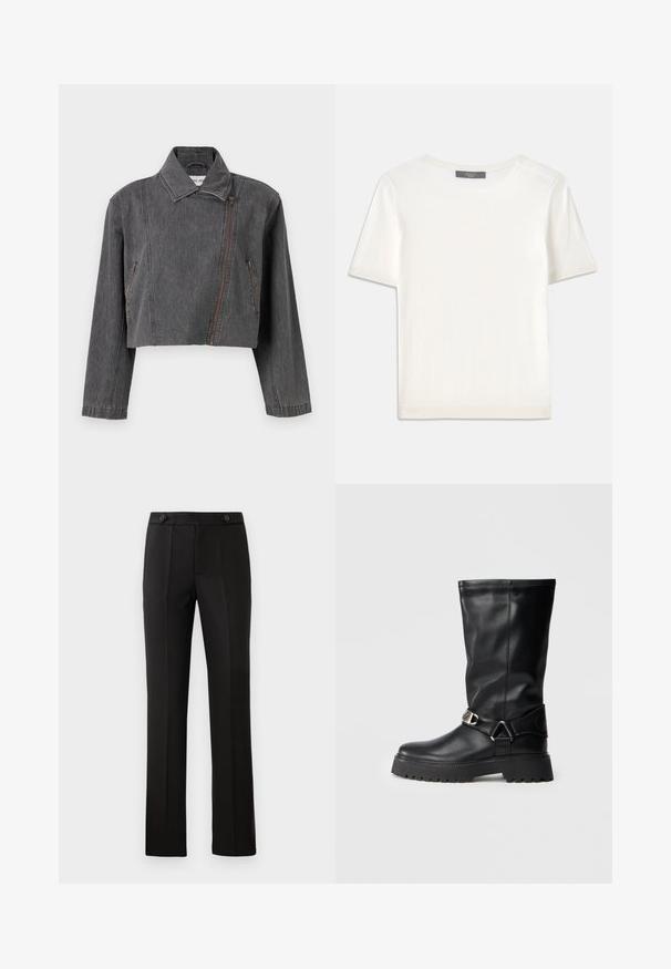 Skrčen sivi denim jakna z izrazitimi ovratniki, asimetričnim zadrgo in dvema stranskima žepoma z zadrgo.; Bela kratka pletena majica s kratkimi rokavi in okroglim izrezom, ki ima gladko teksturo in subtilne rebrovane detajle na rokavih in robu.; Črne krojene hlače s ravnim nogavicam, dvema sprednjima žepoma, gumbom za zapiranje in nabranimi detajli spredaj. Gladka tekstura tkanine.; Črne nadkolenske čevlje iz gladke usnje, ki imajo zaponko na strani in debele, teksturirane podplate za boljši oprijem.