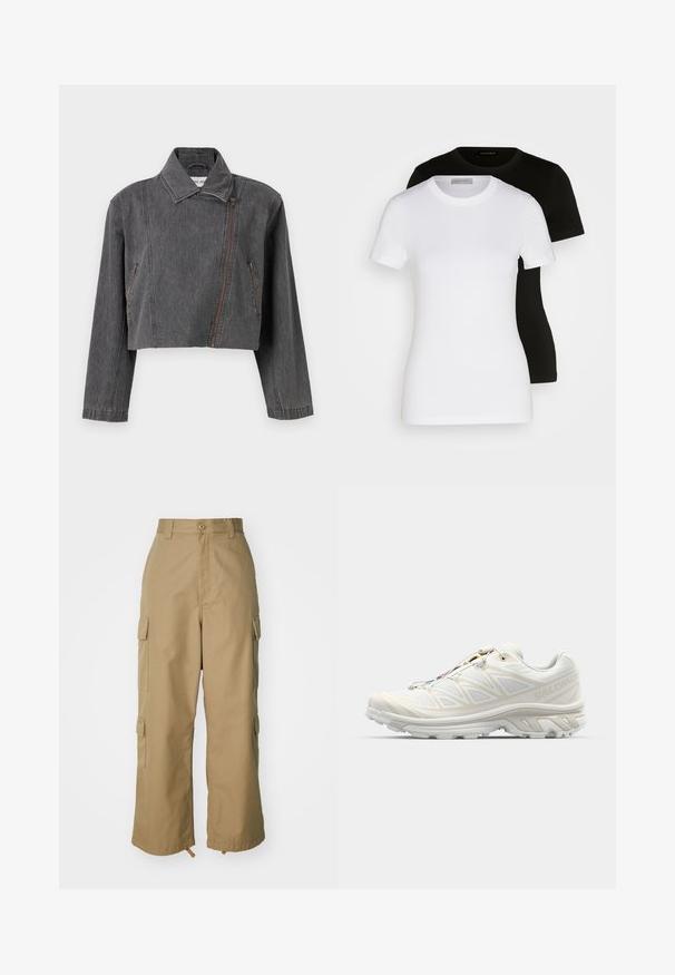 Trumpu pilkos džinsinės striukės su smailiu apykakle, asimetriniu užtrauktuku ir dviem šoninėmis kišenėmis su užtrauktukų detalėmis.; Du grietos rankovės T-marškiniai juodos ir baltos spalvos. Pagaminti iš lygaus medvilnės, su klasikine apvalia iškirpte ir įprastu pritaikymu.; Šviesiai rudos spalvos cargo kelnės su aukštu liemeniu, plačiomis kojomis ir keturiomis didelėmis šoninėmis kišenėmis. Pagamintos iš patvarios medžiagos su lygiu paviršiumi ir minimaliais detalėmis.; Baltos bėgimo bateliai su kvėpuojančia tinklelio medžiaga, tekstūruotais akcentais ir paminkštintu padu. Ypatybė - greito užrišimo sistema, skirta lengvam pritaikymui.