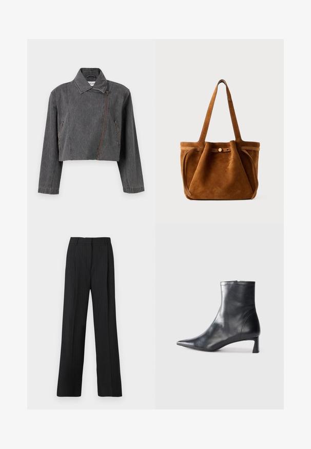 Cropped gray denim jacket featuring a pointed collar, asymmetric zip closure, and two side pockets with zipper detailing.; Black short-sleeve top with a high neckline and relaxed fit. Made from soft fabric with a smooth texture. No visible patterns or graphics.; Black pinstriped trousers with a relaxed fit, featuring a flat front, two side pockets, and a smooth fabric texture.; Black leather ankle boot with a pointed toe and a sleek design. Features a low heel and a zipper closure at the back. Smooth texture.; Brown suede tote bag with dual handles, a button closure strap, and a relaxed, slightly slouchy shape.