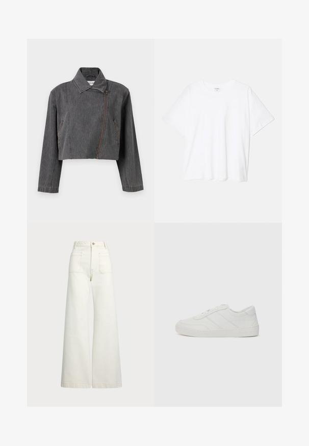 Rövidített szürke farmerdzseki hegyes gallérral, aszimmetrikus cipzáras záródással és két oldalsó cipzáras zsebbel.; Fehér pamut póló rövid ujjal, kerek nyakkivágással, laza fazonnal és varrott szegéllyel. Címke látható a belső nyakrészén.; Széles szárú farmernadrág off-white denim anyagból. Magas derekú dizájn, gombos záródással, két elülső zsebbel és kontrasztos varrási részletekkel.; Fehér bőr sportcipő lapos fűzőkkel, kerek orral és finom varrási részletekkel. Bordázott talppal és dombornyomott márkainszigniával a sarokon.