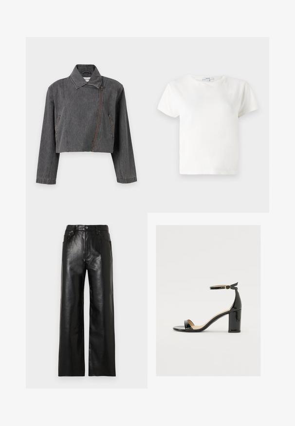 Zkrácená šedá džínová bunda s špičatým límcem, asymetrickým zapínáním na zip a dvěma postranními kapsami se zipovým detailem.; Bílý bavlněný tričko s krátkým rukávem, kulatým výstřihem a volným střihem. Štítek viditelný na límci, hladká textura. Jednoduchý design, bez vzorů.; Černé kožené kalhoty s širokými nohavicemi a lesklým povrchem, s předními kapsami, zipem na přední straně a zapínáním na knoflík. Hladká textura po celé ploše.; Černé lakované sandály s širokým podpatkem, otevřenou špičkou a řemínkem kolem kotníku se zlatou sponou. Hladký povrch a elegantní design.