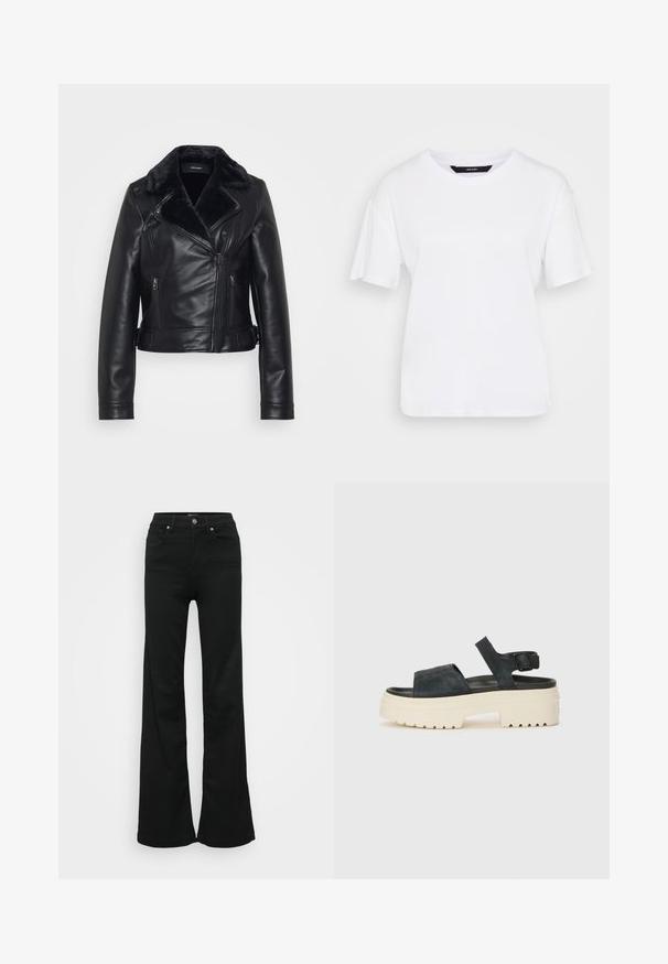 Black leather bomber jacket with a faux fur collar, zippered pockets, and quilted design on sleeves. Short, fitted silhouette with a buckle detail.; White short-sleeve t-shirt made of cotton. Features a round neckline and relaxed fit, with simple design and no visible patterns or accents.; Black flared jeans made from denim, featuring a high waist, five pockets, and metal button closure. Smooth texture with minimal detailing.; Black suede platform sandals with a chunky white sole, wide front strap, and adjustable ankle buckle. Textured outsole for grip.