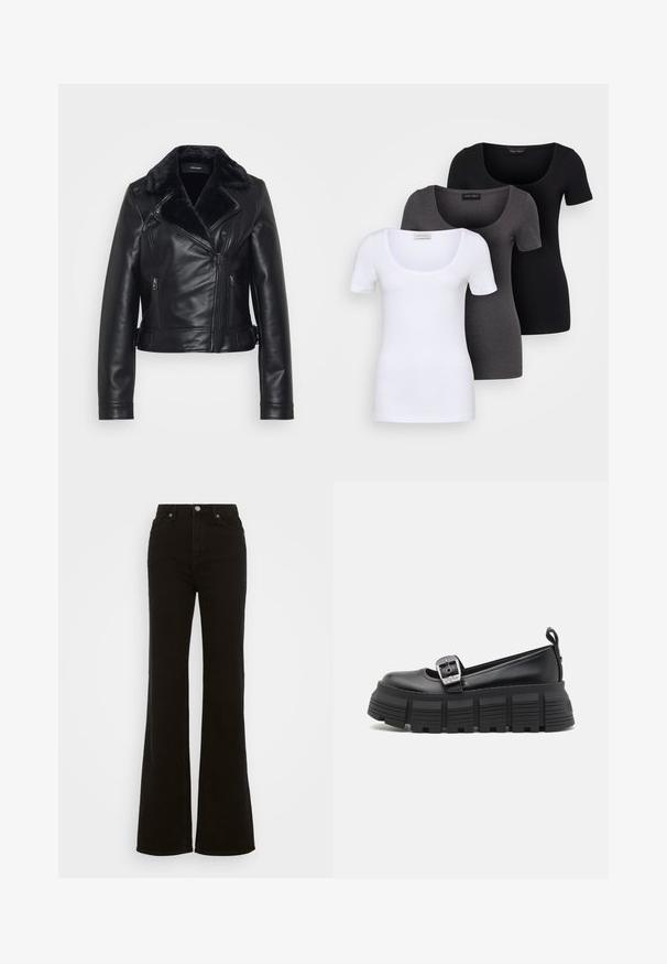 Juodas odinis bomberis su dirbtiniu kailiniu apykakle, su užtraukiamais kišenėmis ir siuvinėtu raštu ant rankovių. Trumpas, prigludęs siluetas su sagties detale.; Trys priderinti marškiniai: balti, pilki ir juodi. Kiekvienas turi plačią apvalią iškirptę ir trumpas rankoves. Pagaminti iš lygaus, tamprių audinio.; Juodos džinsinės kelnės su aukštu liemeniu, platėjančios, turinčios mygtuko užsegimą, šonines kišenes ir lygų paviršių.; Juodi platforminiai loafersai su apvalia nosimi, lygiu oda viršumi, reguliuojamu sagtimi ir tekstūruotu guminiu padu, turinčiu horizontalias briaunas.