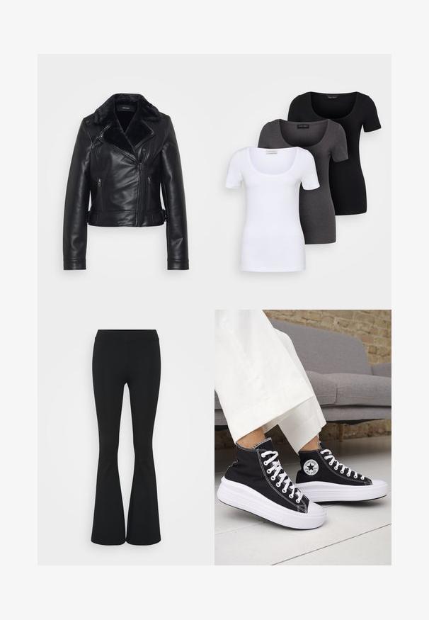 Czarna skórzana kurtka bomberka z sztucznym futrem przy kołnierzu, zamykanymi kieszeniami i pikowanym wzorem na rękawach. Krótka, dopasowana sylwetka z detalem w postaci klamry.; Trzy dopasowane koszulki w kolorze białym, szarym i czarnym. Każda z nich ma szeroki dekolt w serek i krótkie rękawy. Wykonana z gładkiego, elastycznego materiału.; Czarne spódnice dzwonowe wykonane z elastycznego materiału, z wysokim stanem i gładką fakturą. Spodnie rozszerzają się od kolana.; Czarne trampki typu high-top z białą gumową podeszwą i sznurówkami. Posiadają okrągłą naszywkę z logo oraz kontrastujące białe przeszycia. Wykonane z materiału płóciennego.