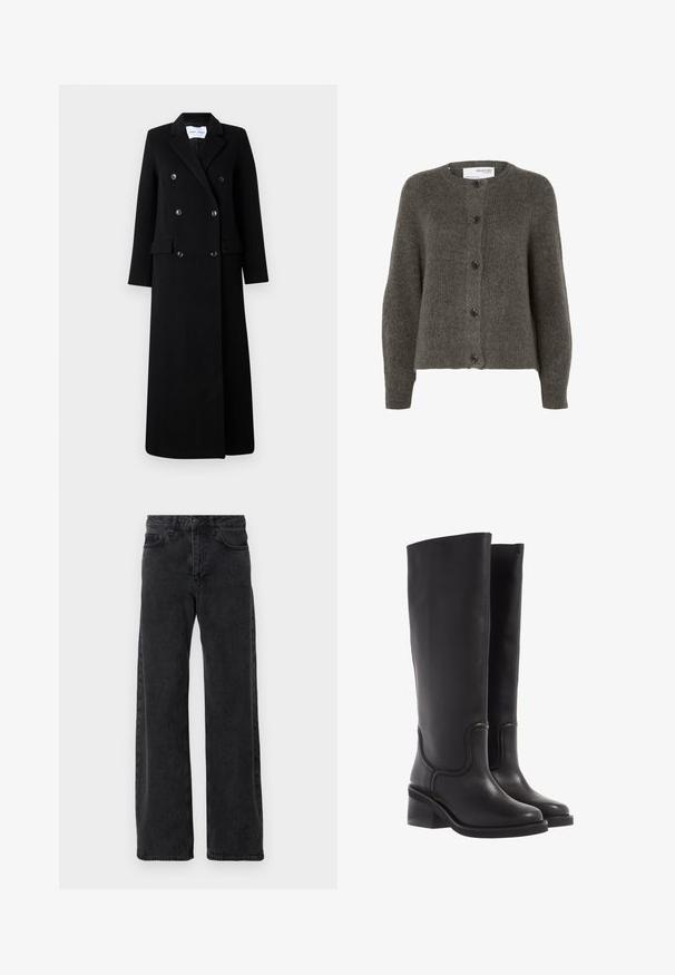 Samsøe Samsøe COAT MAXI - Klassisk frakke - black; Kolebrun cardigan lavet af blødt stof, med rund hals, lange ærmer og fem knaplukninger foran.; Langærmet brun top lavet af struktureret stof, med en rund halsudskæring og en simpel, tætsiddende silhuet uden synlige udsmykninger.; Sorte denimjeans med bred ben-design, der har en klassisk fem-lomme stil, knaplukning og diskret falmning.; Sorte læder knæ-høje støvler med en glat tekstur, rund tå og en chunky hæl. Har diskret syninger og et strømlinet design.
