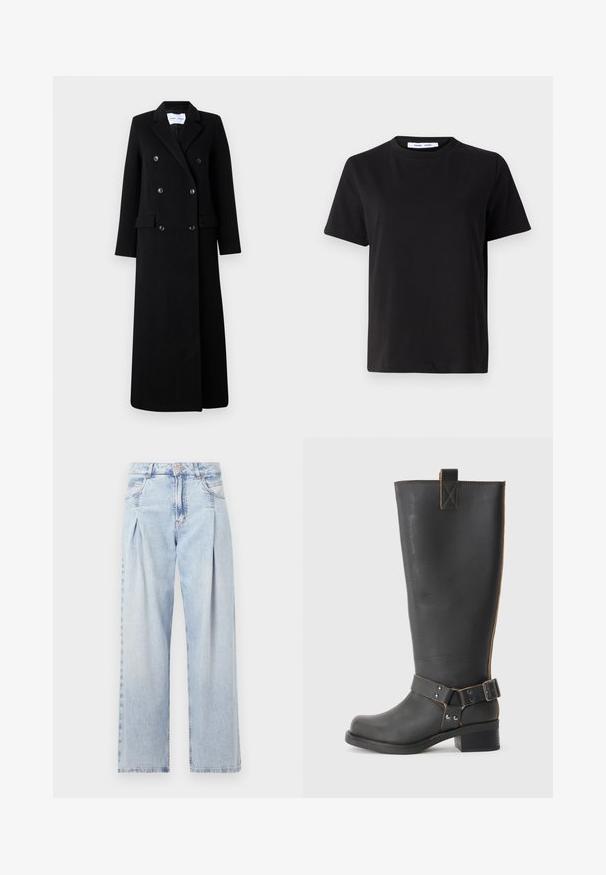 Samsøe Samsøe COAT MAXI - Classic coat - black; Black short-sleeve t-shirt made of soft cotton, featuring a round neckline, relaxed fit, and a smooth texture. No visible patterns or graphics.; Light blue denim jeans with a high waist, wide-leg cut, two side pockets, and pleated design feature. Soft texture with a faded finish.; Black leather knee-high boot with a textured finish, featuring a side buckle accent and a low heel. Detailed stitching along the seams.