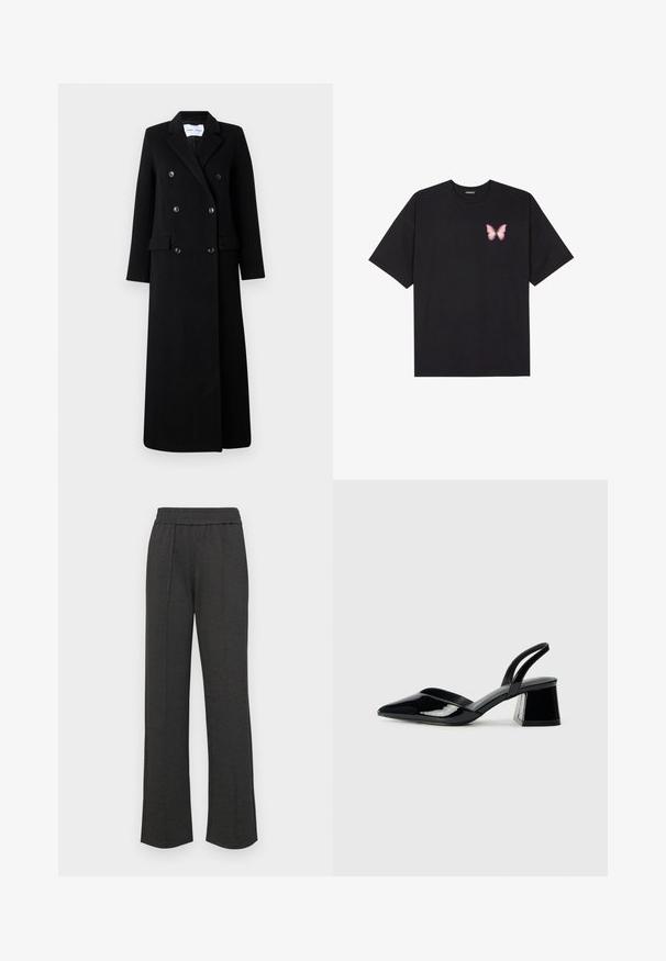 Samsøe Samsøe COAT MAXI - Cappotto classico - black; T-shirt nera in cotone con maniche corte, caratterizzata da una piccola grafica di una farfalla rosa sul lato sinistro del petto. Design a girocollo con una vestibilità rilassata.; Pantaloni neri a gamba dritta con vita elastica, pieghe frontali, tessuto morbido e senza segni o dettagli hardware visibili.; Décolleté in vernice nera con punta affusolata e tacco in geometria cubica. Presentano un design elegante e minimalista, con una texture liscia.