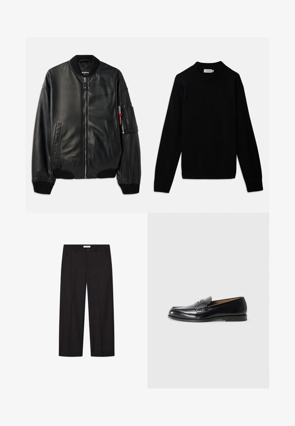 Fekete bőr bombázó dzseki, cipzáros záródással, bordázott gallérral és mandzsettával, oldalsó zsebekkel és texturált felülettel. A hüvelyen piros díszítés található.; Fekete pulóver bordázott, kerek nyakkivágással, hosszú ujjal és texturált kötésmintával. Nincsenek látható logók vagy díszítések.; Fekete, bő lábú nadrág sima anyagból. Gombbal és cipzárral záródik, két elülső zsebbel és éles szegéllyel rendelkezik.; Fekete bőr loaferek sima felülettel, kerek orral, díszítő varrással és kis fém akcentussal az elején.