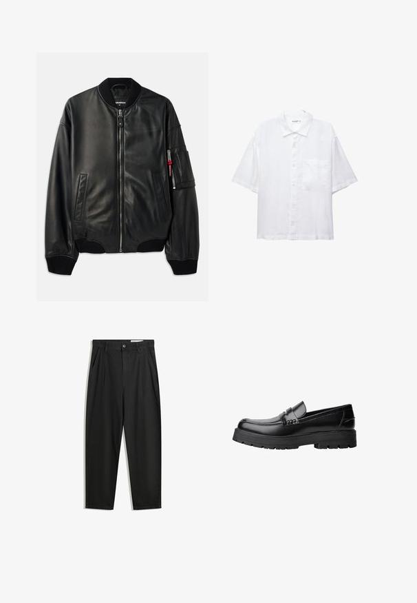 Zwarte leren bomberjack met rits, geribbelde kraag en manchetten, zijzakken en een gestructureerde afwerking. Bevat een rode accent op de mouw.; Witte korte mouwen shirt met een knoopsluiting aan de voorkant, kraag en een enkele borstzak. Gemaakt van lichte stof met een gladde textuur.; Zwarte katoenen broeken met een losse pasvorm, voorzien van een klassieke tailleband, voorplooien en zijzakken. Gladde structuur zonder patronen.; Zwarte leren loafer met een chunky profielzool en een decoratieve band over de bovenkant, weergegeven in het linkerzijprofiel op een witte achtergrond.