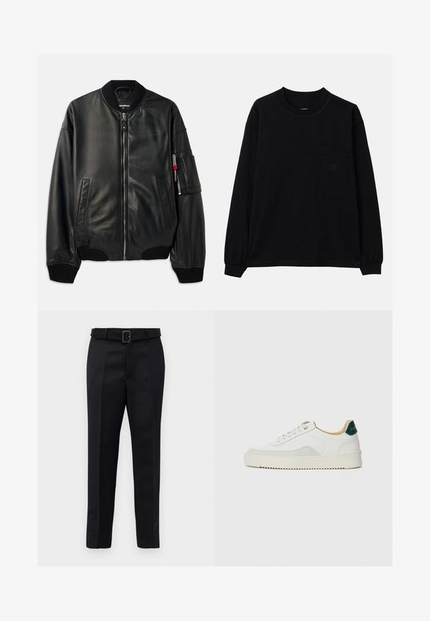 Veste bomber en cuir noir avec fermeture éclair, col et poignets côtelés, poches latérales et finition texturée. Présente un accent rouge sur la manche.; T-shirt noir à manches longues en coton, avec un col rond, une poche sur la poitrine gauche et des poignets élastiques. Design minimaliste sans motifs.; Un pantalon noir ajusté en tissu lisse, à coupe droite, avec une taille ceinturée et une boucle rectangulaire. Des plis avant notables accentuent le design.; Baskets blanches avec des accents en daim, bout arrondi, lacets plats et semelle en caoutchouc crème. Présente une marque verte sur le talon.