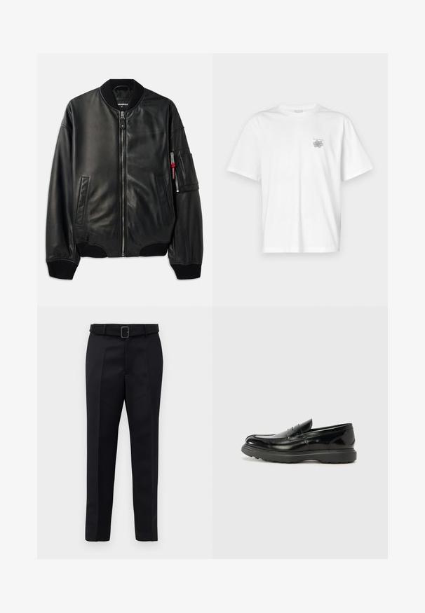Chaqueta bomber de cuero negro con cierre de cremallera, cuello y puños acanalados, bolsillos laterales y un acabado texturizado. Presenta un acento rojo en la manga.; Camiseta blanca de algodón con mangas cortas, cuello redondo y un pequeño logo gris en el lado izquierdo del pecho. Textura suave.; Los pantalones negros de corte ajustado presentan un tejido suave, un corte recto y una cintura con cinturón y hebilla rectangular. Las pliegues frontales notables realzan el diseño.; Mocasín de cuero negro con un acabado brillante, punta redondeada, detalles de costura sutiles y una suela de goma gruesa para mayor durabilidad.