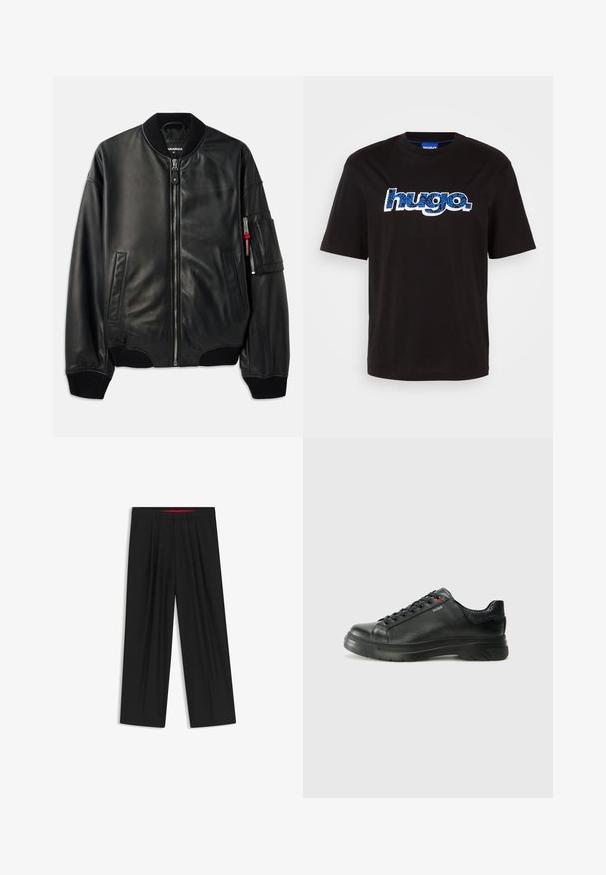 Zwarte leren bomberjack met rits, geribbelde kraag en manchetten, zijzakken en een gestructureerde afwerking. Bevat een rode accent op de mouw.; Zwarte katoenen t-shirt met het "hugo." logo in het blauw en een patroonontwerp. Korte mouwen en een ronde hals.; Zwarte wijde broek met een vlakke voorkant, twee zijzakken, geplooid ontwerp en een contrasterende rode binnenband.; Zwarte leren sneaker met een gestructureerde bovenkant, gevoerde kraag en rode logo-details. Heeft een dikke rubberen zool met een opvallend loopvlakpatroon.