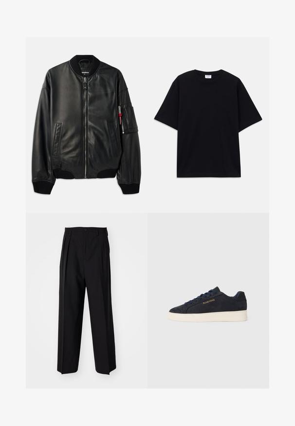 Black leather bomber jacket with zip closure, ribbed collar and cuffs, side pockets, and a textured finish. Features a red accent on the sleeve.; Black short-sleeve oversized T-shirt with round neckline and visible Filippa K brand label inside the collar.; Black pleated trousers with a straight, wide-leg design. Made from smooth fabric, featuring a button closure and belt loops.; Navy blue suede low-top sneaker with white sole, navy laces, and "Filling Pieces" logo in gold on the side.