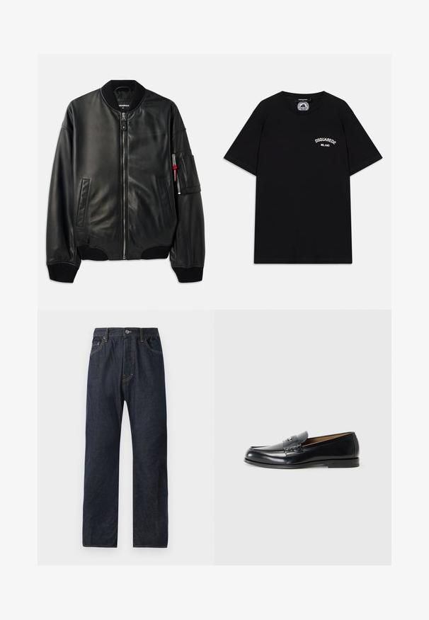 Μαύρο δερμάτινο μπουφάν bomber με κλείσιμο φερμουάρ, ραμμένο γιακά και μανίκια, πλαϊνές τσέπες και υφή. Διαθέτει κόκκινη λεπτομέρεια στο μανίκι.; Μαύρη βαμβακερή μπλούζα με κοντά μανίκια, που διαθέτει λευκό λογότυπο "DSQUARED2 MILANO" στο στήθος. Σχεδίαση με στρογγυλή λαιμόκοψη, απαλή υφή.; Σκούρο μπλε τζιν παντελόνι με ίσια γραμμή, διαθέτει πέντε τσέπες, διακριτική ραφή και κουμπί για κλείσιμο στη μέση.; Δερμάτινα loafers σε μαύρο χρώμα με λεία υφή, στρογγυλή μύτη, διακοσμητική ραφή και μικρή μεταλλική λεπτομέρεια στο μπροστινό μέρος.