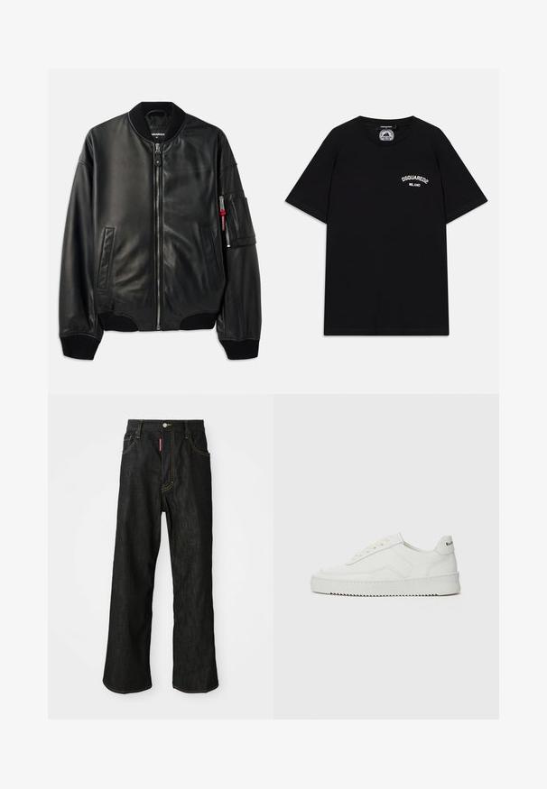 Schwarze Lederbomberjacke mit Reißverschluss, geripptem Kragen und Bündchen, Seitentaschen und einer strukturierten Oberfläche. Mit einem roten Akzent am Ärmel.; Schwarz Baumwoll-T-Shirt mit kurzen Ärmeln, mit weißem "DSQUARED2 MILANO" Logo auf der Brust. Rundhalsausschnitt, glatte Textur.; Schwarze gerade Jeans mit gelben Nähten, Fünf-Taschen-Design, Knopfverschluss und einem kleinen roten Etikett an der rechten Vorderseite der Tasche.; Weiße Ledersneaker mit glatter Oberfläche, runder Zehenpartie, flachen Schnürsenkeln und strukturiertem Sohlenprofil. Mit einem dezenten Logo an der Ferse.