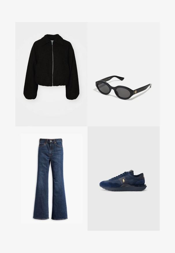 Črn skrajšan jopič iz mehkega, teksturiranega materiala. Ima ovratnik in dolge, rahlo napihnjene rokave ter sprednje zadrgo.; Bela srajca z gumbi, izdelana iz gladkega bombaža, s klasičnim ovratnikom in ravnim robom ter bež gumbi spredaj.; Visoko pasovi temno modri kavbojki z razširjenimi nogami, sprednja zadrga in gumbe, ter zasnova s petimi žepi.; Temno modri atletski čevlji iz semiša in mrežastega materiala, s gumijastim podplatom, vezalkami in z zlatim logotipom.; Črne ovalne sončna očala s temnimi lečami in sijočim plastičnim okvirjem. Imajo zlat logo na robu, kar ponuja eleganten in sodoben oblikovalski pristop.