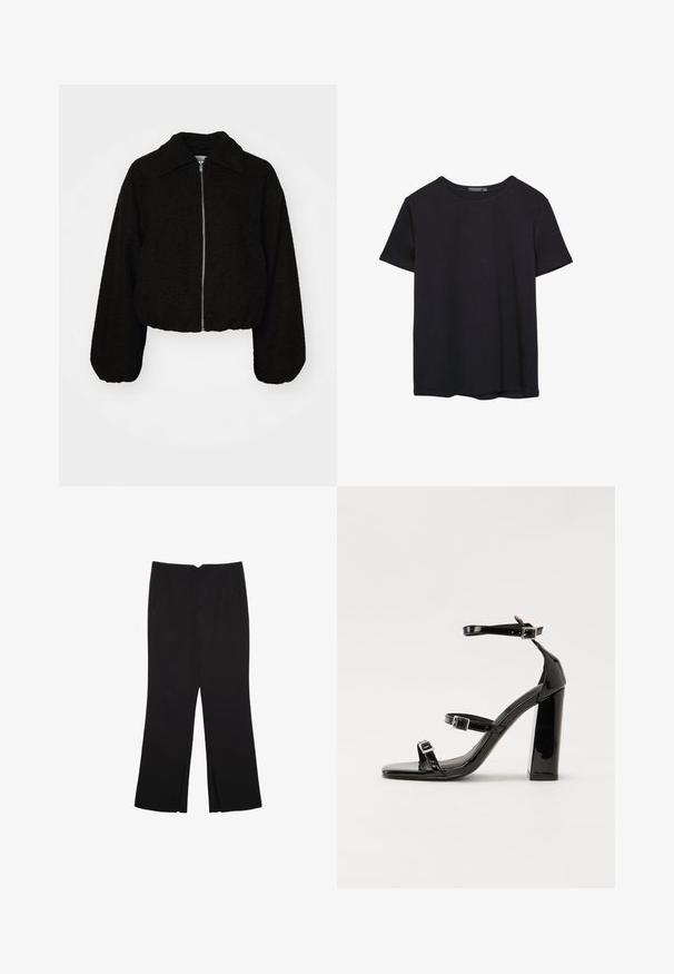 Čierna skrátená bunda z mäkkého, štruktúrovaného materiálu. Má golier a dlhé, mierne puffované rukávy so zipsom vpredu.; Jednoduché čierne bavlnené tričko s krátkym rukávom a okrúhlym výstrihom, umiestnené na bielom pozadí.; Čierne nohavice so strihom rovného strihu, s prednými vreckami a bočnými rozparkami na leme. Vyrobené z mäkkej, hladkej tkaniny. Vhodné na rôzne príležitosti.; Čierne lakované sandále na podpätku so štvorcovou špičkou, navlečenými remienkami okolo členku a striebornými prackami. Disponujú masívnym blokovým podpätkom pre stabilitu.
